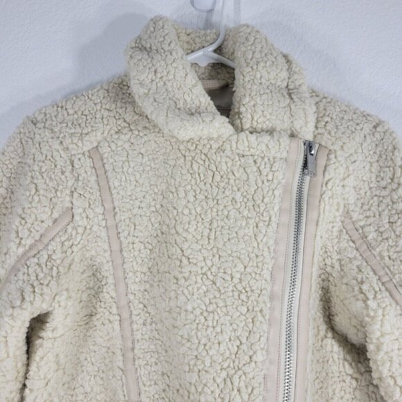 Abercrombie and Fitch Fleece Moto Jacket Women Small Faux Leather Trim Beige - Picture 2 of 13